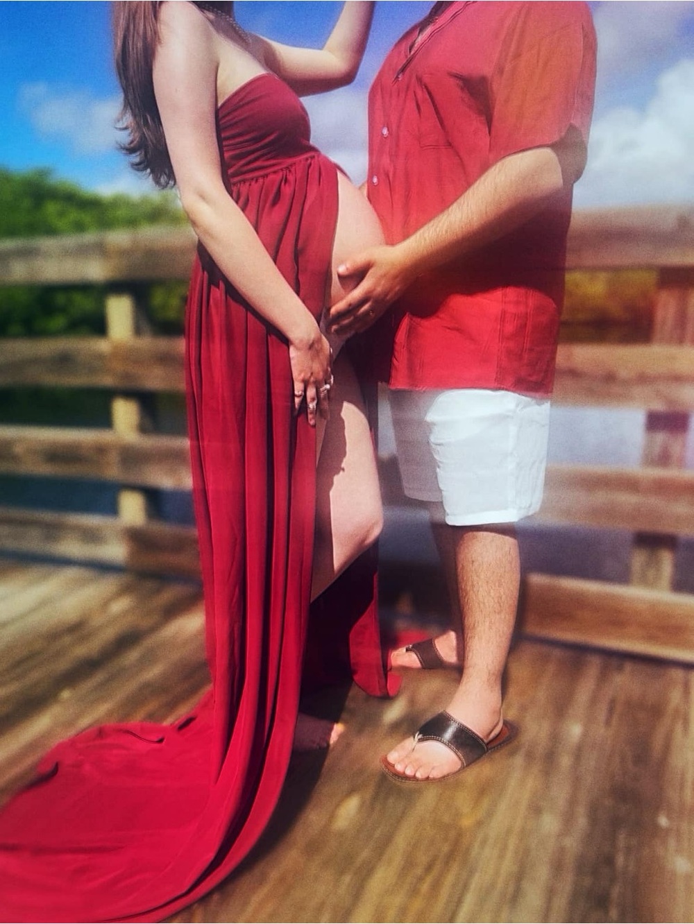 (S) Stretchy Maternity Red Strapless Maxi Dress